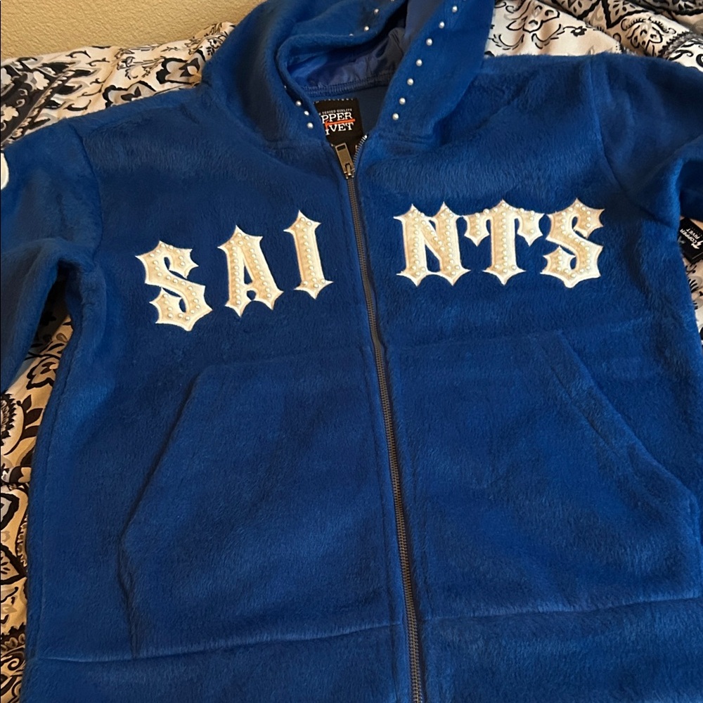 Men Saints Royal Blue Faux Fur Zip Hoodie with Studded Letters